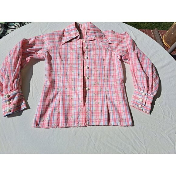 Vintage 70's Pink Plaid Button-Up Blouse Floral Print Puff Sleeves Handmade - Picture 4 of 11